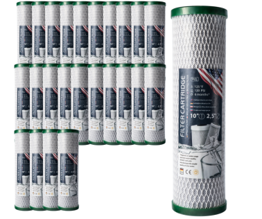 Wkład węglowy blok 10" 2,5" – 25 sztuk, filtr do wody usuwający chlor i zanieczyszczenia