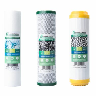 Kompletny zestaw wkładów do filtra narurowego 3-stopniowego – filtracja mechaniczna, węglowa i zmiękczająca