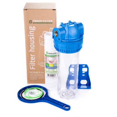 Korpus filtra wody 10” 3-częściowy komplet 1/2” - zestaw narurowy z kluczem, uchwytem i wkładem